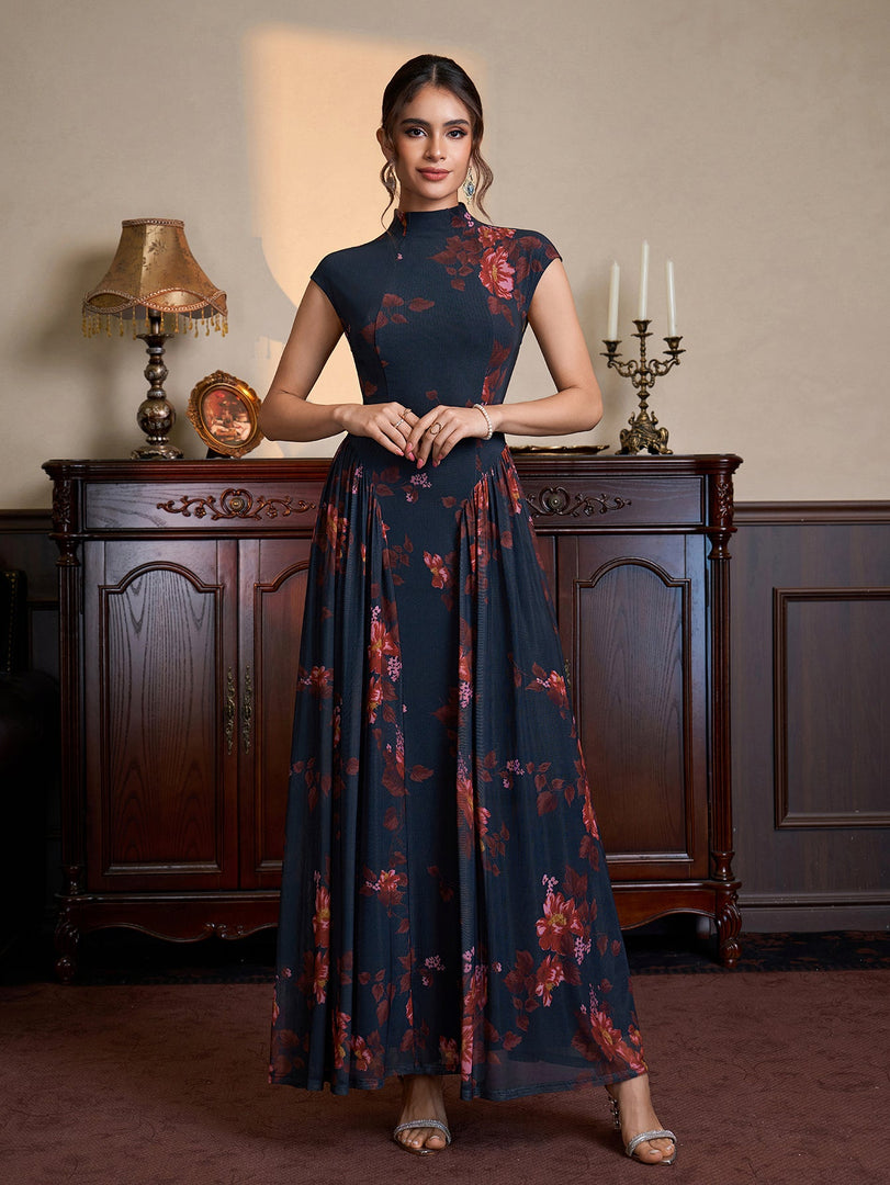 Stand Collar Neck Flared Hem Floral Print Mesh Dress | Wedding Guest Dress, Vacation Dress