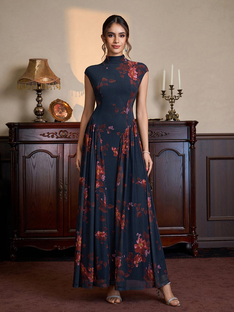 Stand Collar Neck Flared Hem Floral Print Mesh Dress | Wedding Guest Dress, Vacation Dress