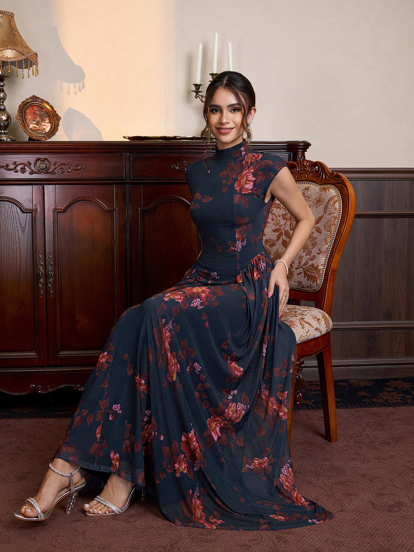 Stand Collar Neck Flared Hem Floral Print Mesh Dress | Wedding Guest Dress, Vacation Dress