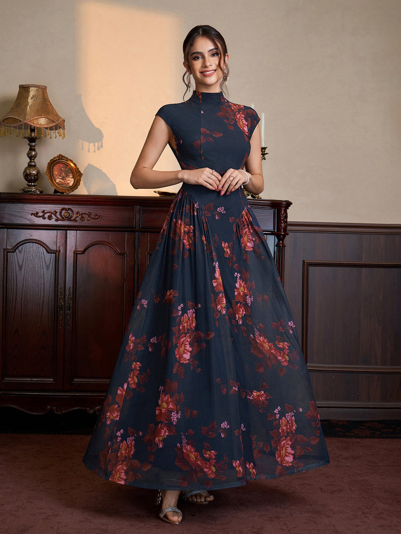 Stand Collar Neck Flared Hem Floral Print Mesh Dress | Wedding Guest Dress, Vacation Dress