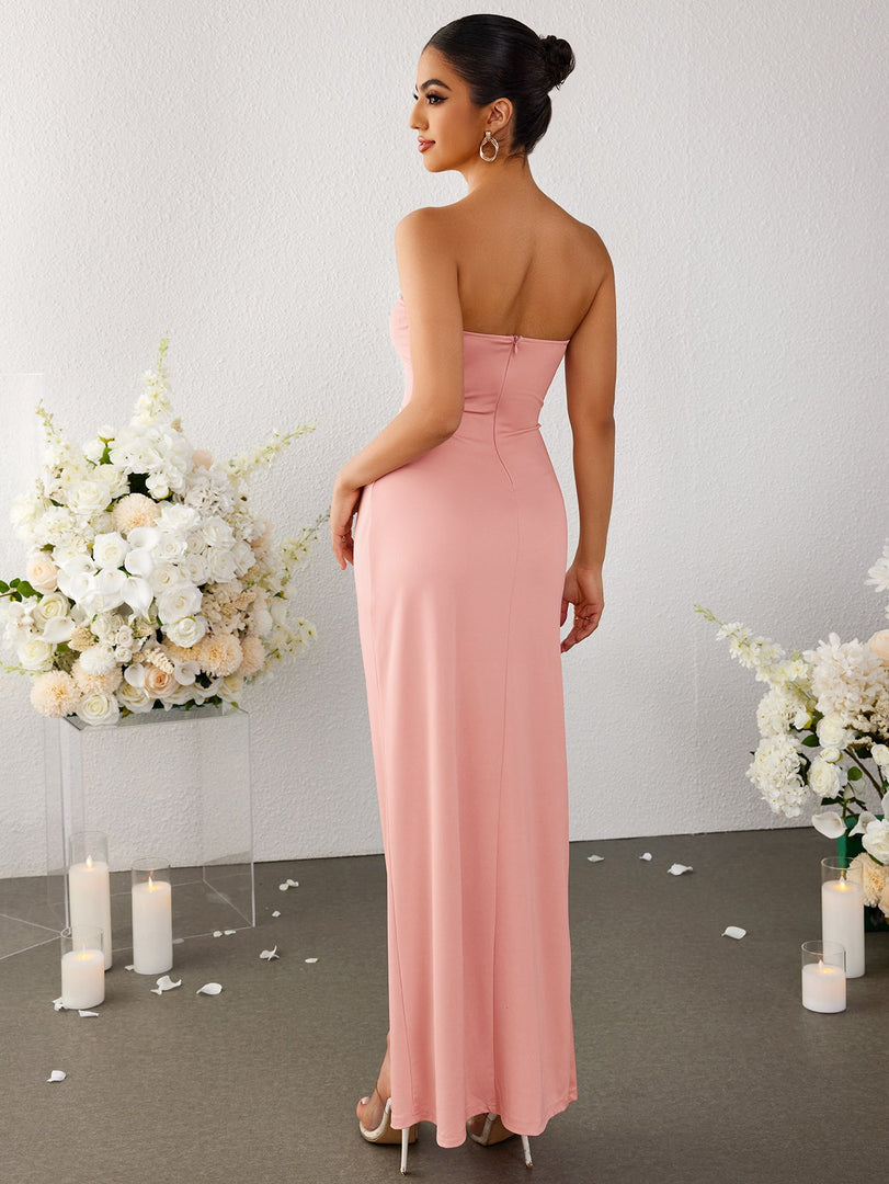 Stereo Flower Ruched Slit Hem Tube Dress | Wedding Guest Dress, Vacation Dress