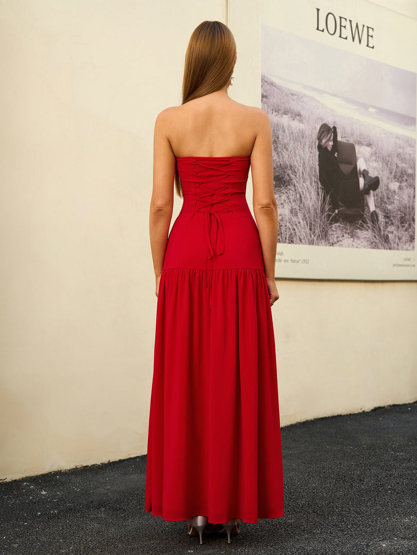 Strapless Crisscross Tie Back Split Thigh Solid Dress | Bridesmaid Dress