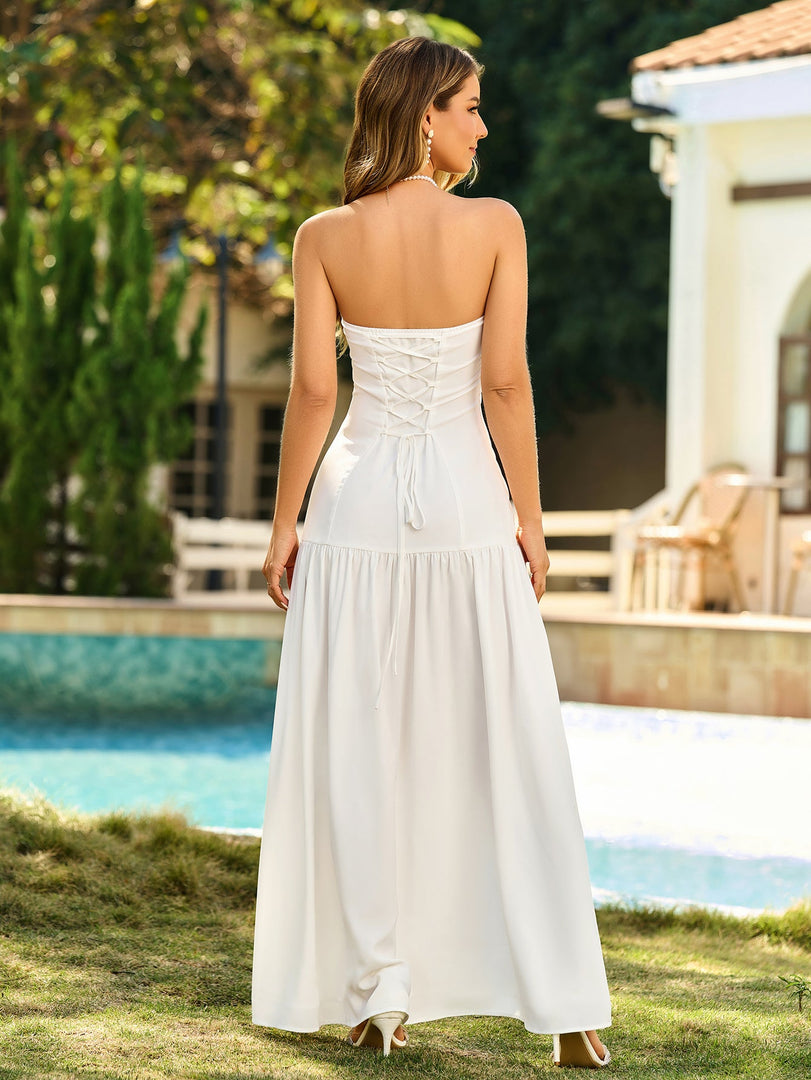 Strapless Crisscross Tie Back Split Thigh Solid Dress | Bridesmaid Dress