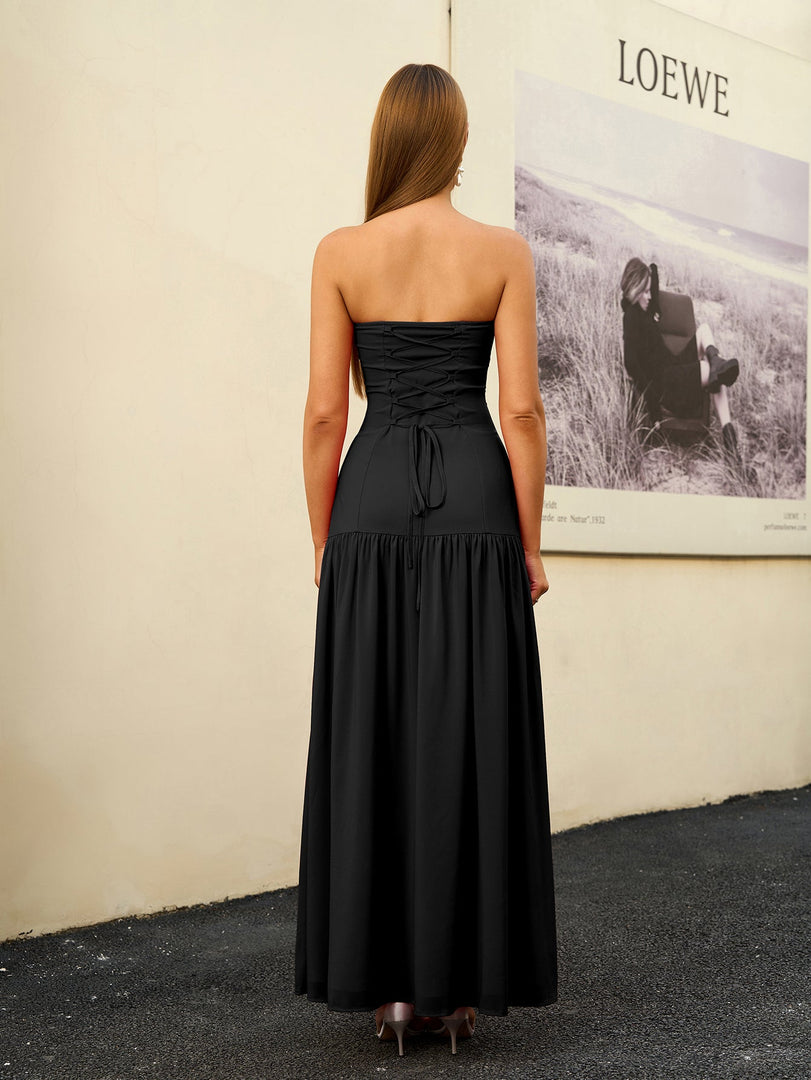 Strapless Crisscross Tie Back Split Thigh Solid Dress | Bridesmaid Dress