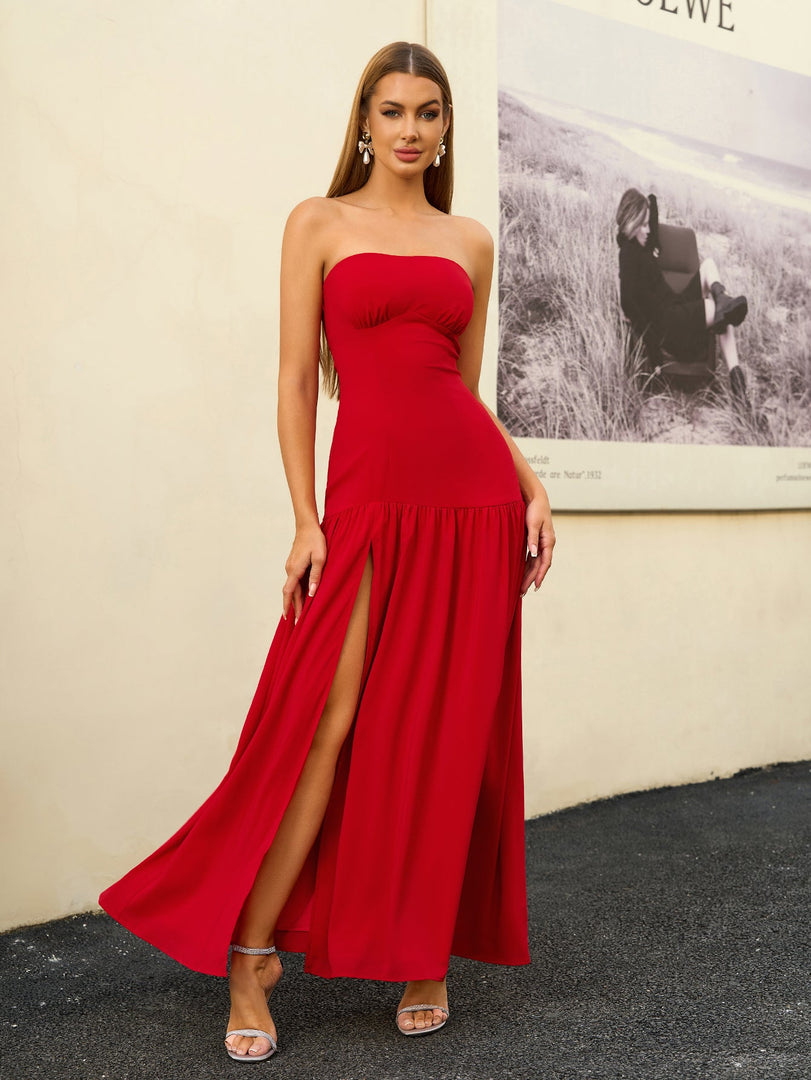 Strapless Crisscross Tie Back Split Thigh Solid Dress | Bridesmaid Dress