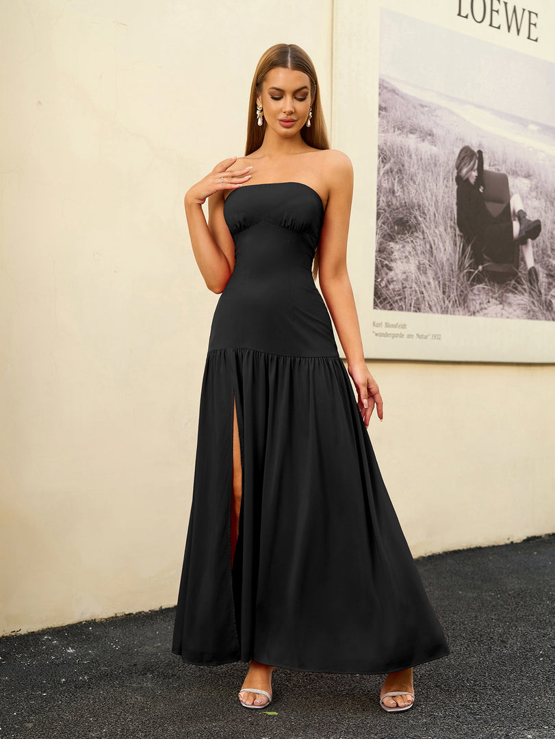 Strapless Crisscross Tie Back Split Thigh Solid Dress | Bridesmaid Dress