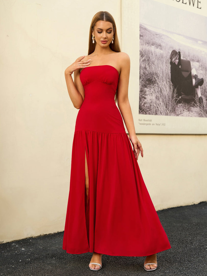 Strapless Crisscross Tie Back Split Thigh Solid Dress | Bridesmaid Dress