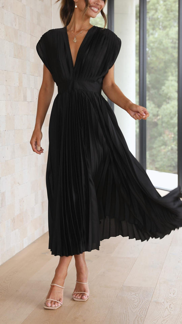 Women's Pleated Maxi Dress Deep V-Neck Sleeveless Accordion Pleat Formal Wedding Guest Style