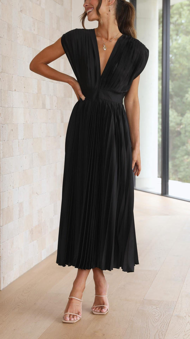 Women's Pleated Maxi Dress Deep V-Neck Sleeveless Accordion Pleat Formal Wedding Guest Style