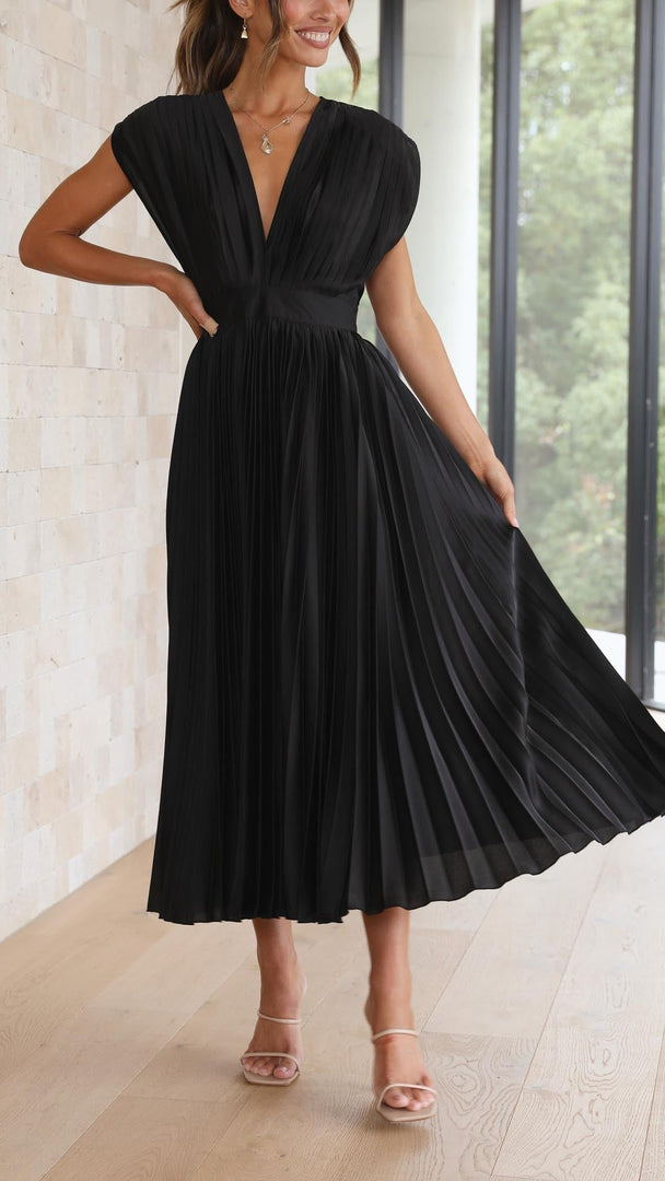 Women's Pleated Maxi Dress Deep V-Neck Sleeveless Accordion Pleat Formal Wedding Guest Style