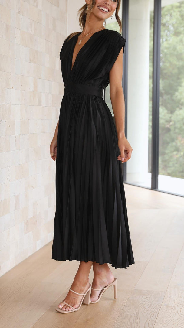Women's Pleated Maxi Dress Deep V-Neck Sleeveless Accordion Pleat Formal Wedding Guest Style