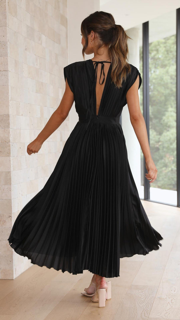 Women's Pleated Maxi Dress Deep V-Neck Sleeveless Accordion Pleat Formal Wedding Guest Style
