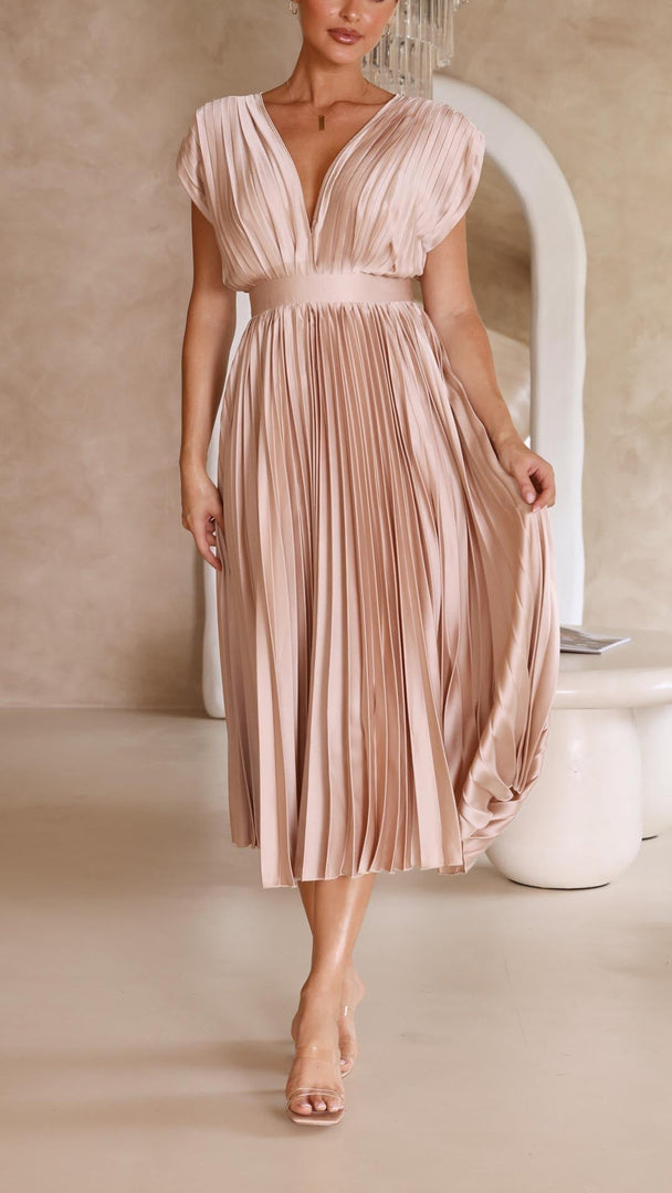 Women's Pleated Maxi Dress Deep V-Neck Sleeveless Accordion Pleat Formal Wedding Guest Style