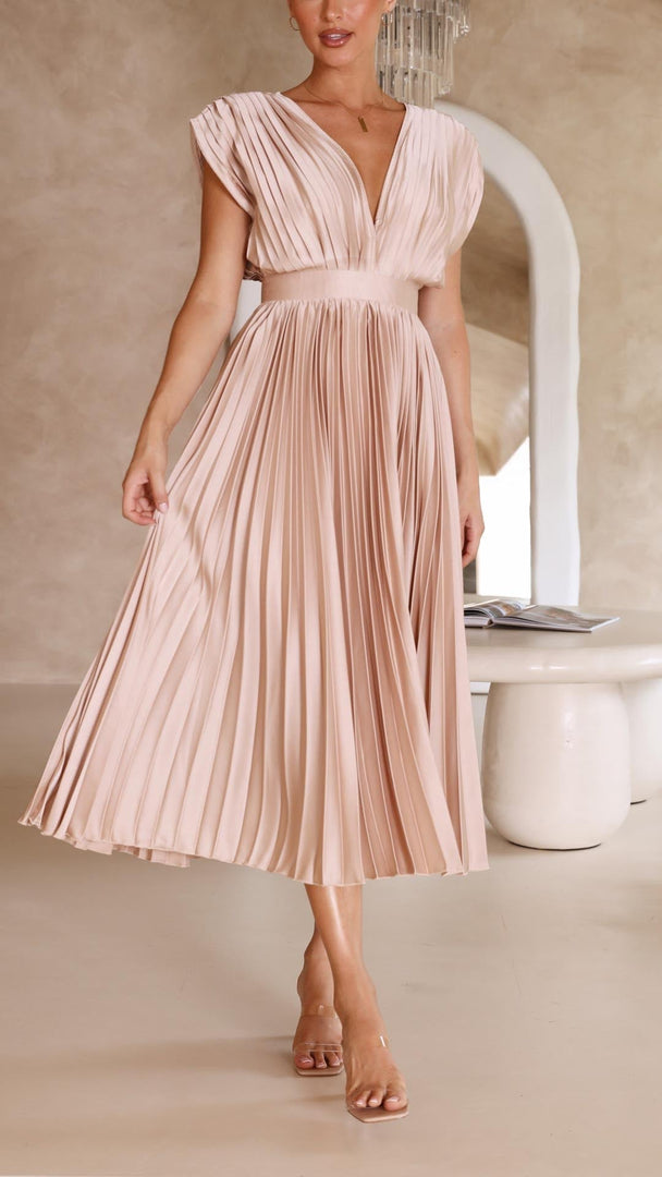 Women's Pleated Maxi Dress Deep V-Neck Sleeveless Accordion Pleat Formal Wedding Guest Style