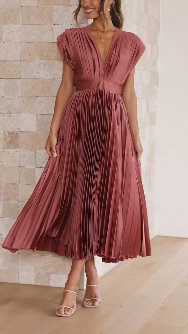 Women's Pleated Maxi Dress Deep V-Neck Sleeveless Accordion Pleat Formal Wedding Guest Style
