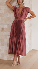 Load image into Gallery viewer, Women's Pleated Maxi Dress Deep V-Neck Sleeveless Accordion Pleat Formal Wedding Guest Style
