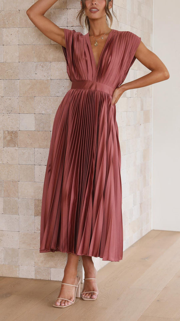 Women's Pleated Maxi Dress Deep V-Neck Sleeveless Accordion Pleat Formal Wedding Guest Style