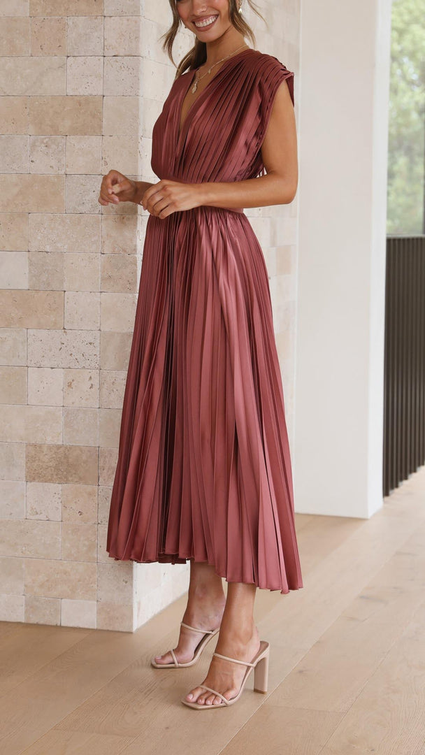 Women's Pleated Maxi Dress Deep V-Neck Sleeveless Accordion Pleat Formal Wedding Guest Style