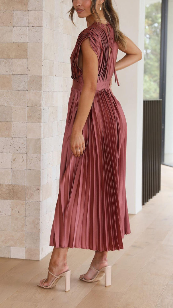 Women's Pleated Maxi Dress Deep V-Neck Sleeveless Accordion Pleat Formal Wedding Guest Style