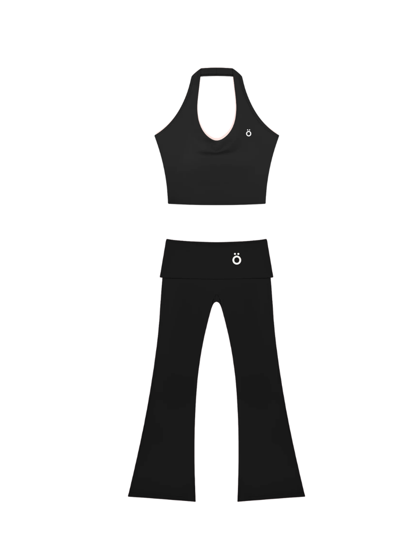 Severina & Lucilla Halter Bra and Flared Yoga Activewear Matching Set - In Black