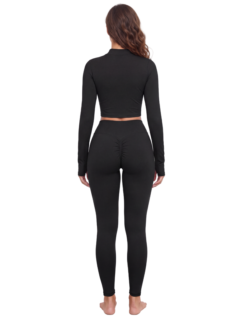 Arcadia + Honora Crop Jacket & High Waisted Leggings Matching Yoga Set. - In Black