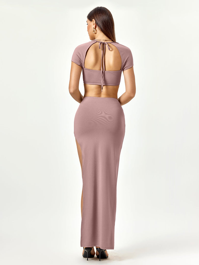 Tie Back Cut Out Crop Top&Split Thigh Bodycon Skirt | Homecoming & Cocktail Party Two-Piece Set
