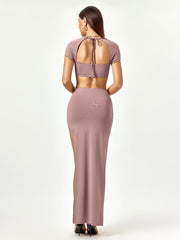 Tie Back Cut Out Crop Top&Split Thigh Bodycon Skirt | Homecoming & Cocktail Party Two-Piece Set