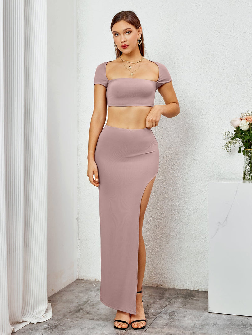 Tie Back Cut Out Crop Top&Split Thigh Bodycon Skirt | Homecoming & Cocktail Party Two-Piece Set
