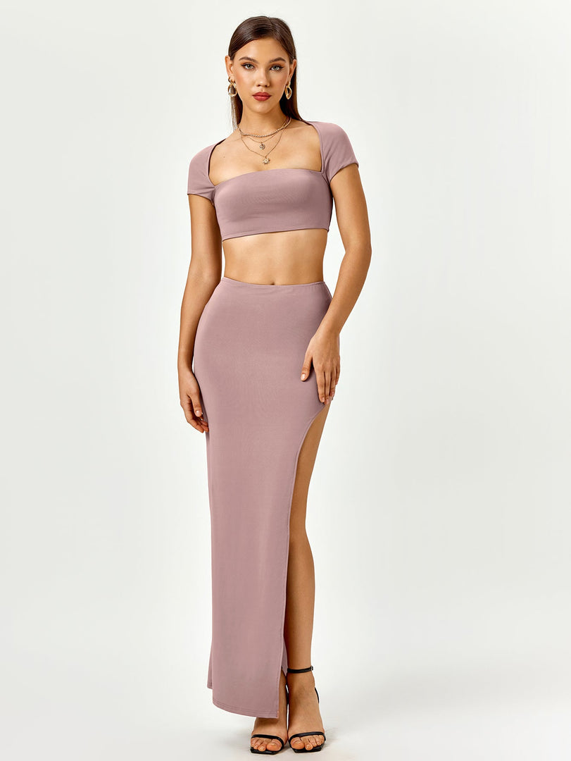 Tie Back Cut Out Crop Top&Split Thigh Bodycon Skirt | Homecoming & Cocktail Party Two-Piece Set