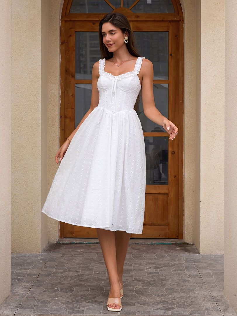 Tie Front Embroidery Solid Midi Dress | Cocktail Dress