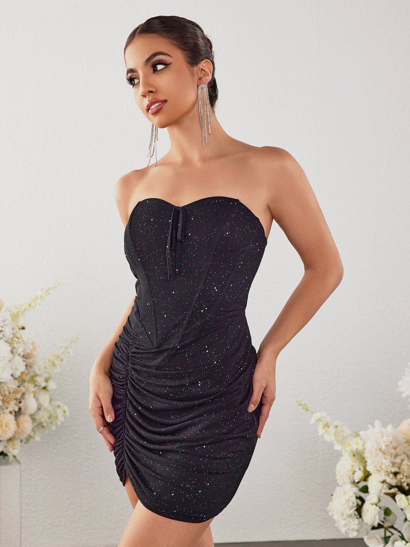 Tie Front Glitter Asymmetrical Hem Tube Dress | Prom Dress, Homecoming Dress