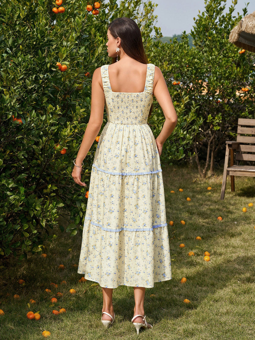 Tie Front Lace Trim Ruched Floral Print Dress | Wedding Guest Dress, Vacation Dress