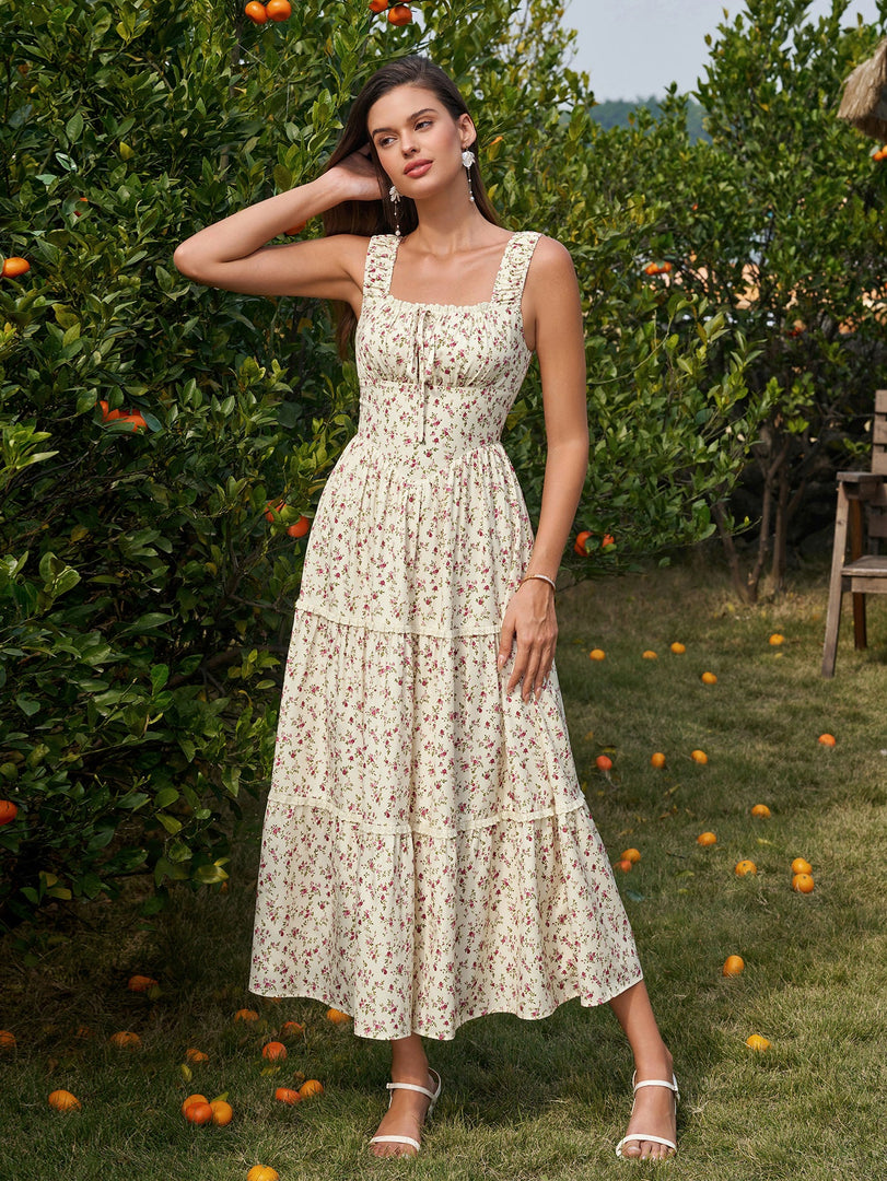 Tie Front Lace Trim Ruched Floral Print Dress | Wedding Guest Dress, Vacation Dress