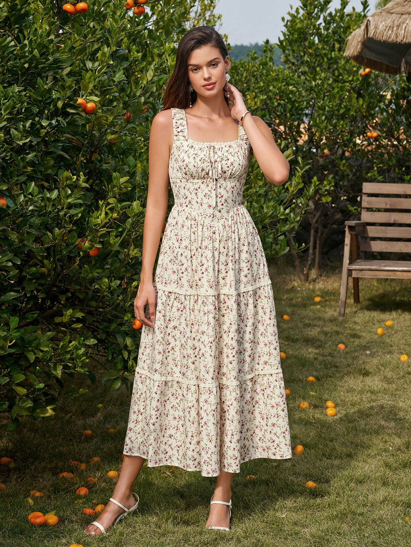 Tie Front Lace Trim Ruched Floral Print Dress | Wedding Guest Dress, Vacation Dress