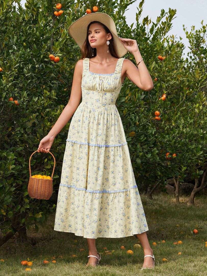Tie Front Lace Trim Ruched Floral Print Dress | Wedding Guest Dress, Vacation Dress