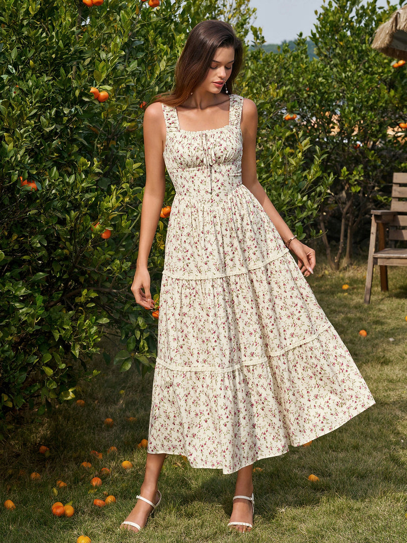 Tie Front Lace Trim Ruched Floral Print Dress | Wedding Guest Dress, Vacation Dress