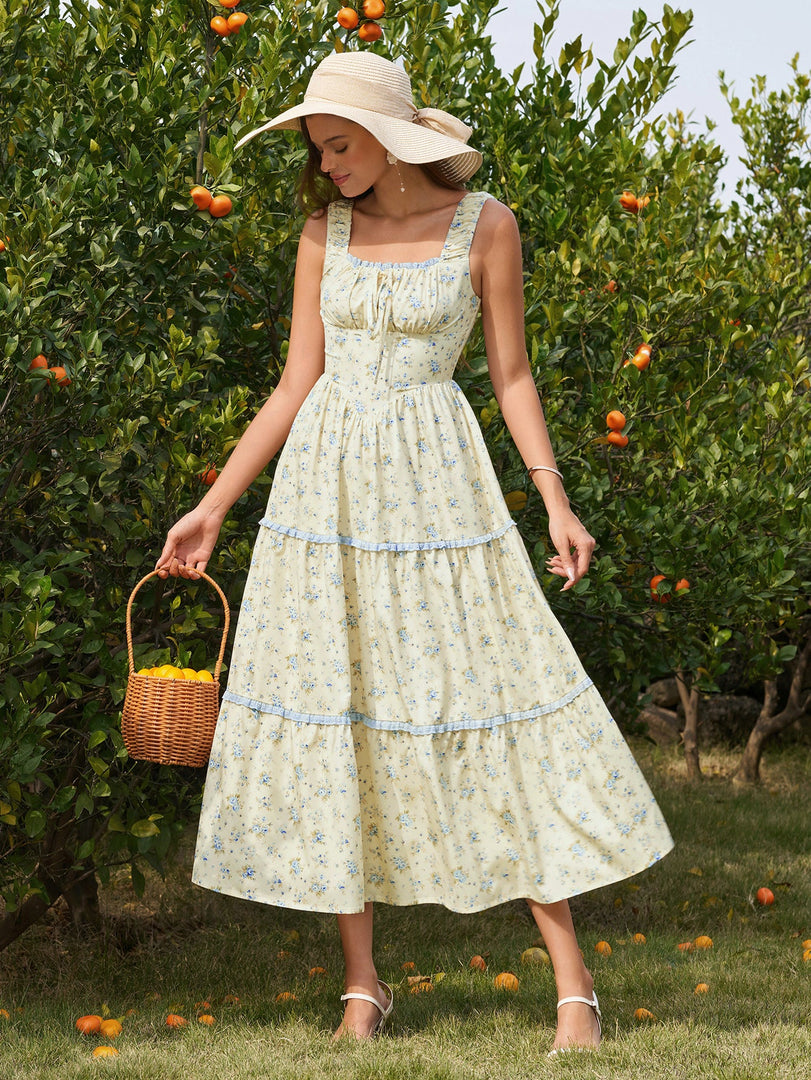Tie Front Lace Trim Ruched Floral Print Dress | Wedding Guest Dress, Vacation Dress