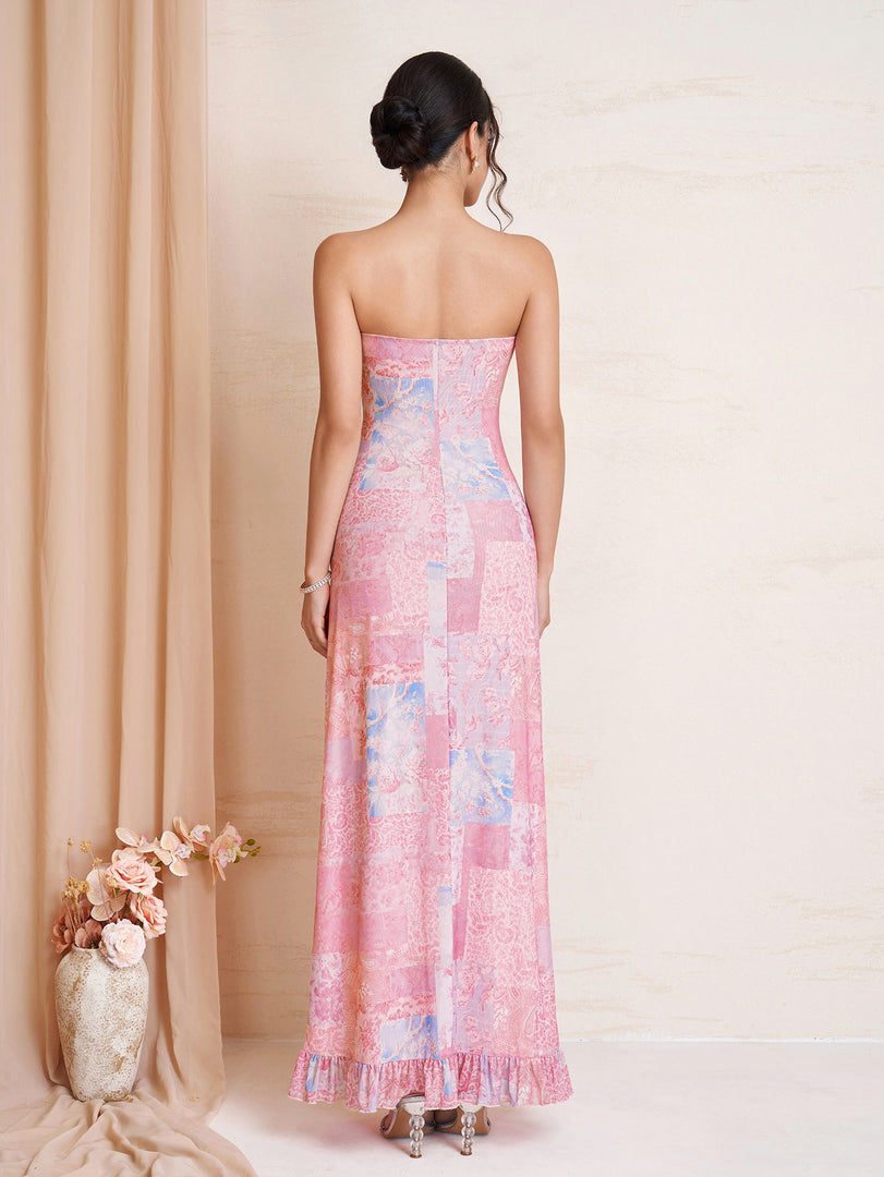 Tie Front Ruched Ruffle Hem Floral Print Tube Dress | Wedding Guest Dress, Vacation Dress