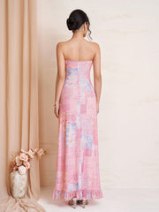 Tie Front Ruched Ruffle Hem Floral Print Tube Dress | Wedding Guest Dress, Vacation Dress