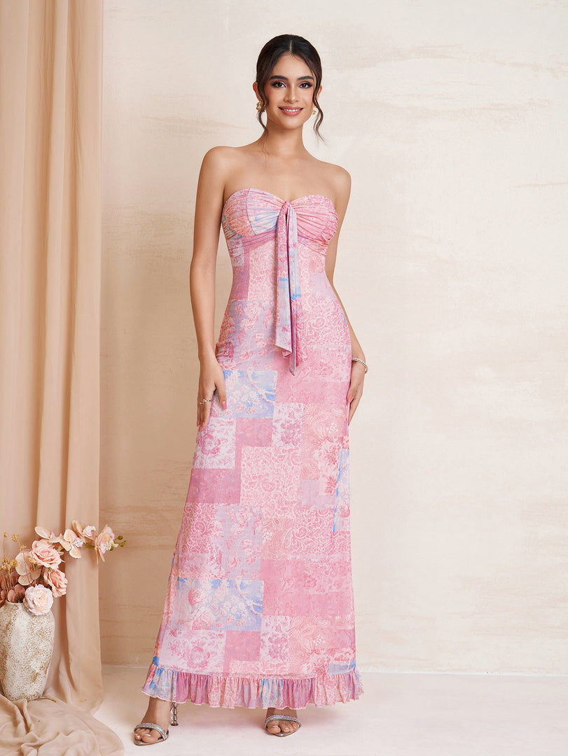 Tie Front Ruched Ruffle Hem Floral Print Tube Dress | Wedding Guest Dress, Vacation Dress