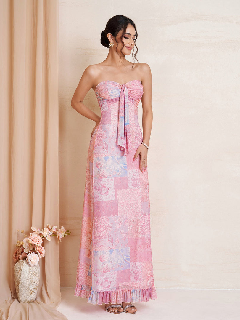 Tie Front Ruched Ruffle Hem Floral Print Tube Dress | Wedding Guest Dress, Vacation Dress