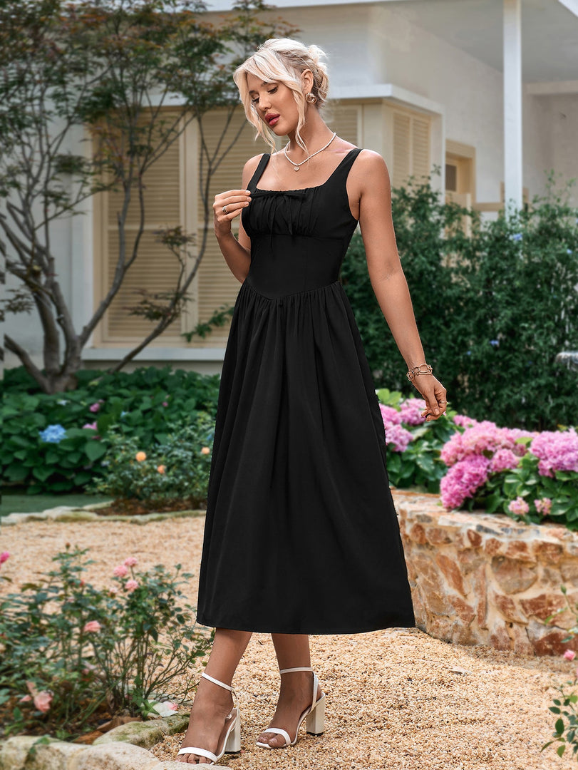 Tie Front Square Neck Shirred Ruched Sundress | Vacation Dress