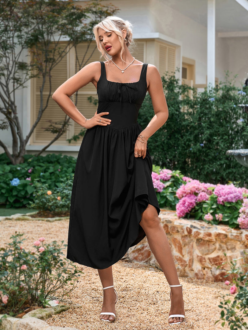 Tie Front Square Neck Shirred Ruched Sundress | Vacation Dress