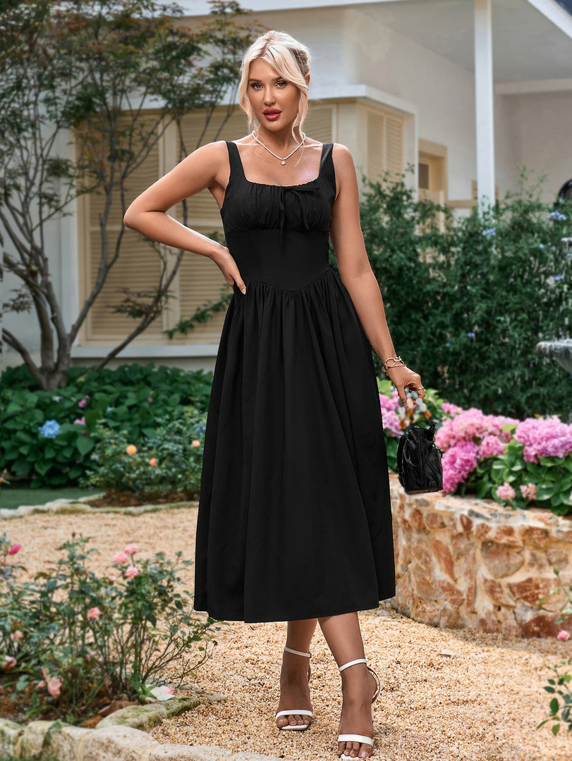Tie Front Square Neck Shirred Ruched Sundress | Vacation Dress