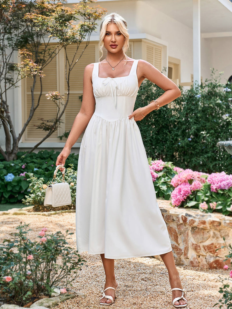 Tie Front Square Neck Shirred Ruched Sundress | Vacation Dress