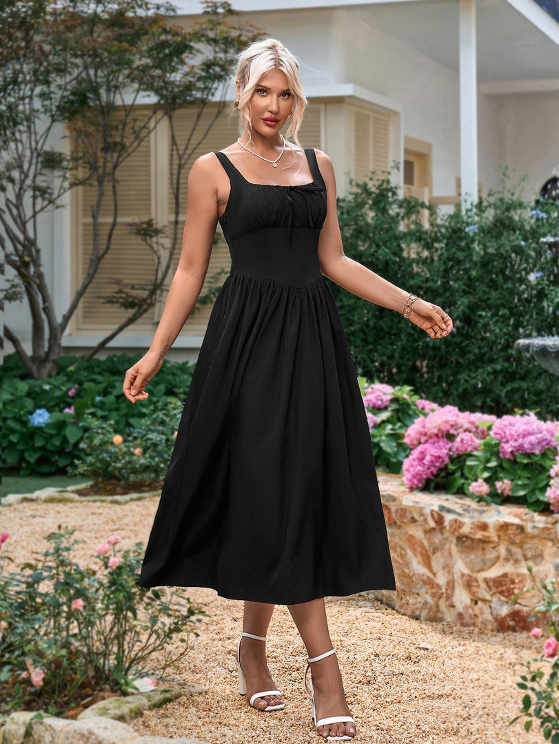 Tie Front Square Neck Shirred Ruched Sundress | Vacation Dress
