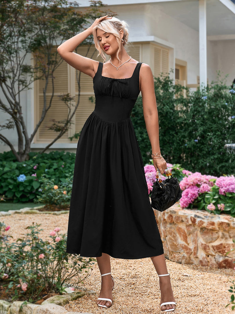 Tie Front Square Neck Shirred Ruched Sundress | Vacation Dress