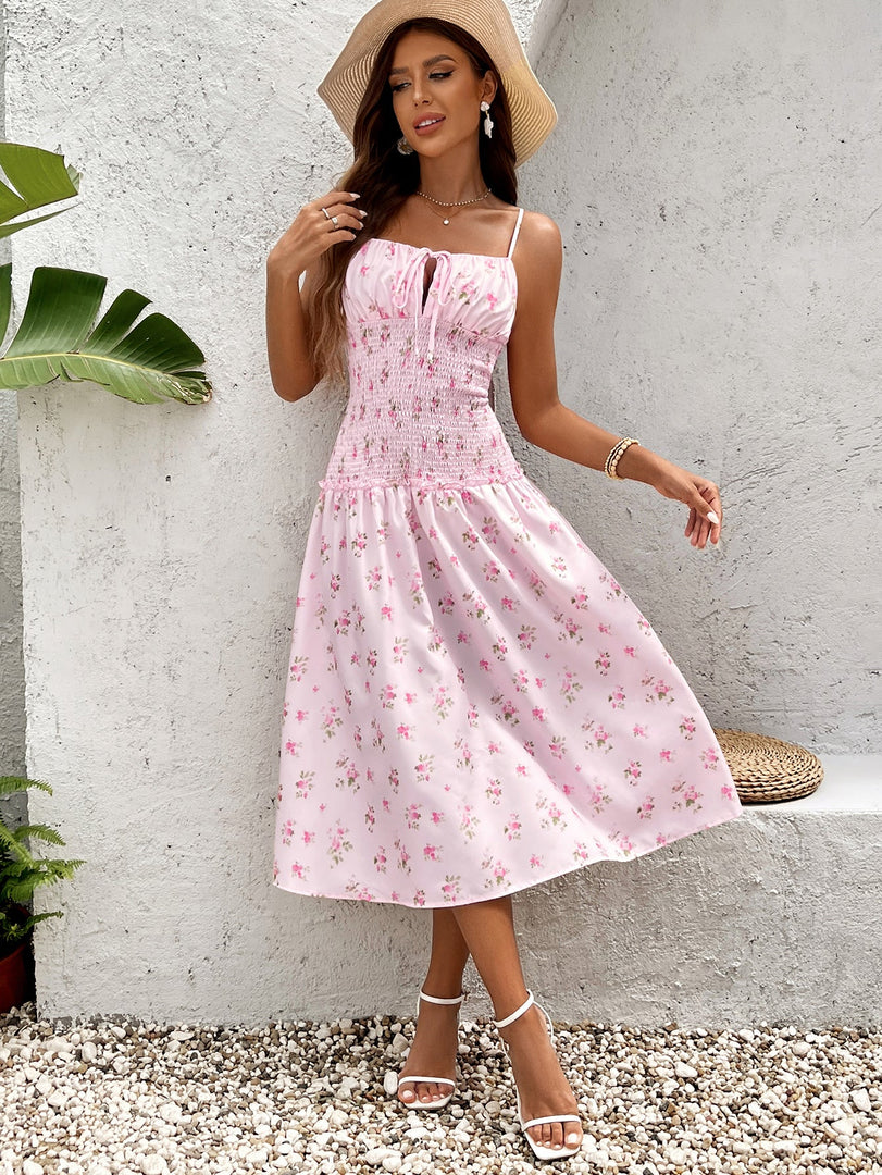 Tie Front Waist Ruched Floral Print Cami Dress | Vacation Dress, Wedding Guest Dress