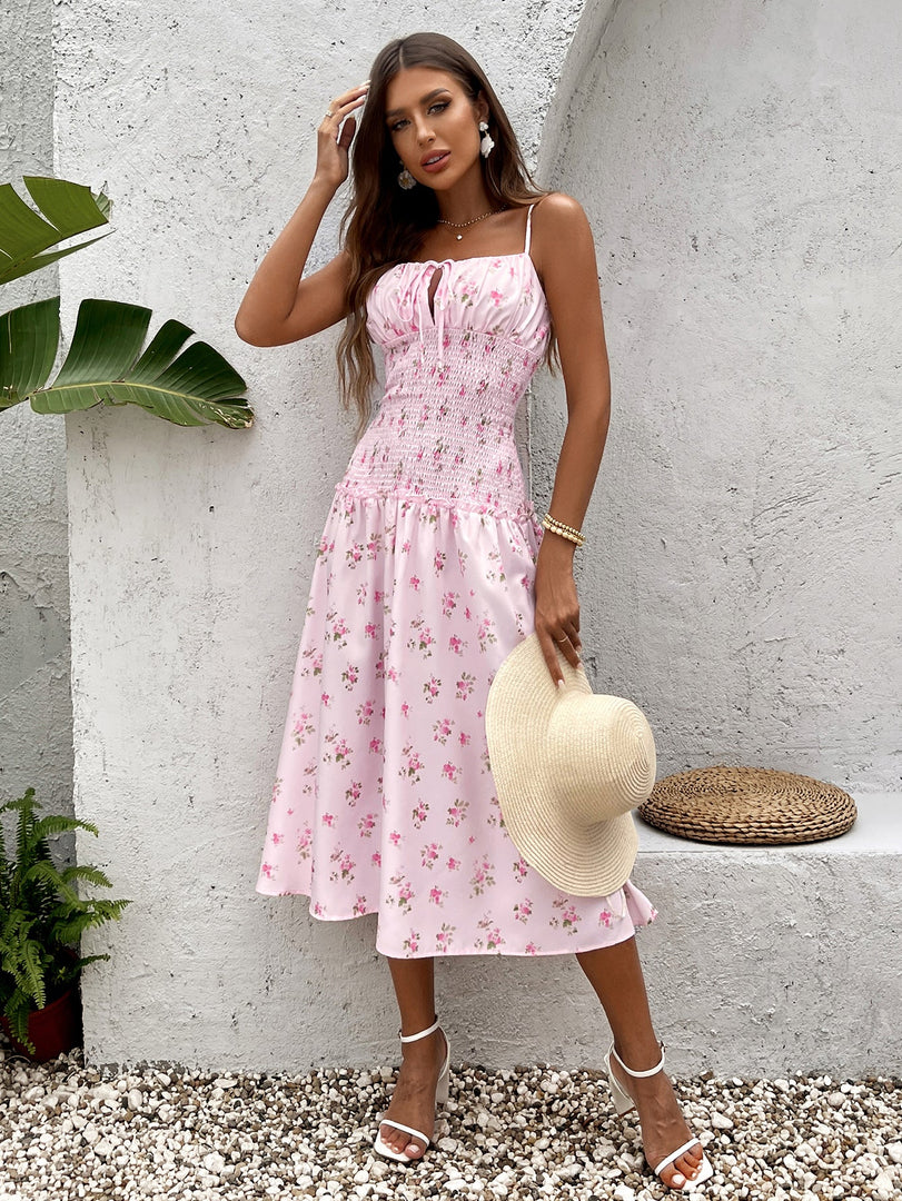Tie Front Waist Ruched Floral Print Cami Dress | Vacation Dress, Wedding Guest Dress
