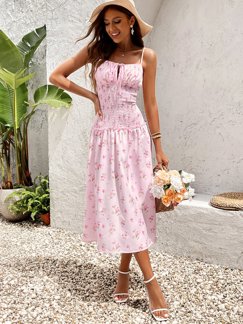 Tie Front Waist Ruched Floral Print Cami Dress | Vacation Dress, Wedding Guest Dress